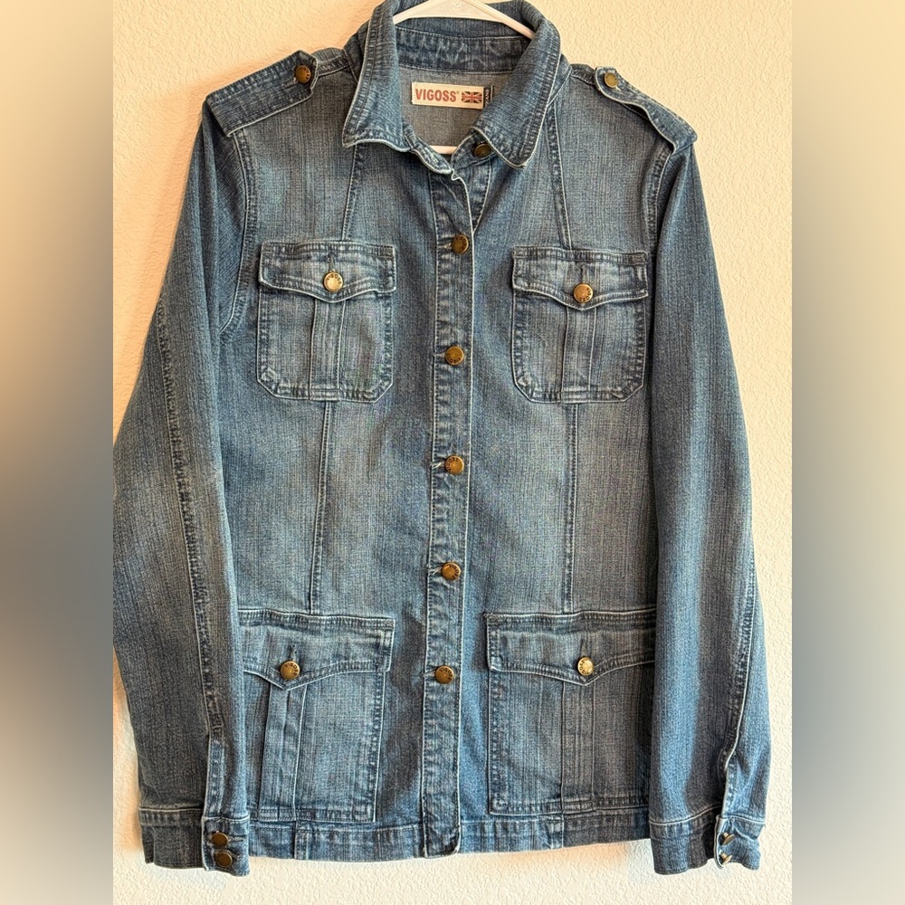 PTP 18”🔥 Vigoss Jeans Utility Denim Jacket Women’s Size L – Long Sleeves